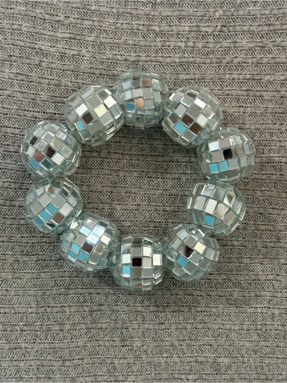 Retro theme silver tone shiny disco ball beaded stretch bracelet